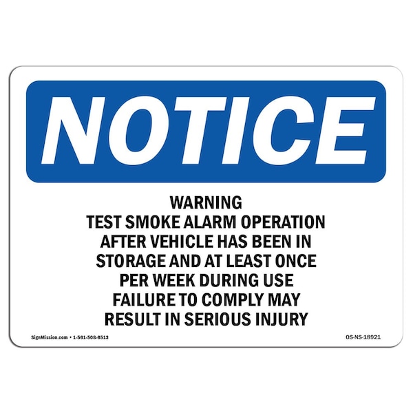 Safety Sign, OSHA Notice, 12" Height, Warning Test Smoke Alarm Operation After Sign, Landscape
